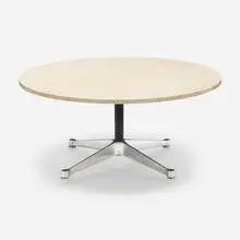 691 coffee table by Charles and Ray Eames, 1955, Botticino marble, cast aluminum, enameled steel, plastic, sold Sep 2024