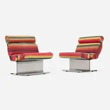 Paul Geoffroy, Lounge chairs, pair, c. 1975, upholstery, stainless steel
