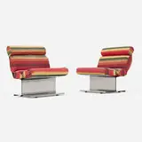 Paul Geoffroy, Lounge chairs, pair, c. 1975, upholstery, stainless steel