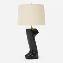 attribution Yasha Heifetz, Table lamp, c. 1955, ebonized oak, brass, linen