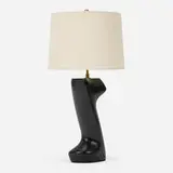 attribution Yasha Heifetz, Table lamp, c. 1955, ebonized oak, brass, linen