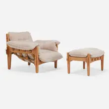 Mischievous chair and ottoman by Sergio Rodrigues, 1963 / 2020, beech, Maharam Mohair Supreme upholstery, leather, sold Sep 2024