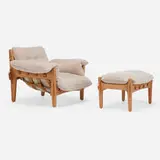 Sergio Rodrigues, Mischievous chair and ottoman, 1963 / 2020, beech, Maharam Mohair Supreme upholstery, leather