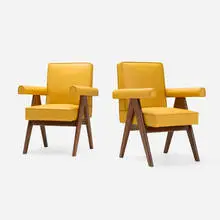 Pierre Jeanneret, Committee chairs from High Court, Chandigarh, pair, c. 1953, teak, leather upholstery