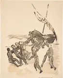 Max Pechstein, Beim Herausziehen des Bootes, 1925, Tusche und Aquarell auf dünnem cremefarbenem Papier