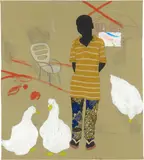 Raphael Adjetey Adjei Mayne, KWAJO, 2021, Acryl, Ölkreide, Papier und afrikanischer Wachsdruck auf Leinwand
