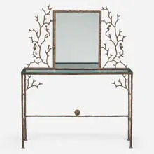 Modern, Vanity, c. 1980, bronzed metal, mirrored and clear glass