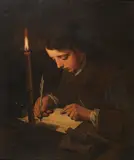 Henry Robert Morland, A boy writing a letter by candlelight, oil on canvas