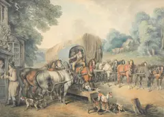 Samuel Howitt, A stagecoach halting at a country inn, watercolour
