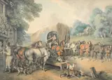 Samuel Howitt, A stagecoach halting at a country inn, watercolour