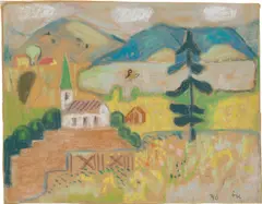 Ida Kerkovius, Berglandschaft mit See und Kapelle, 1940, Pastellkreide über Bleistift auf Papier