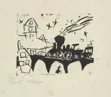 Lyonel Feininger, Zug auf der Brücke, 1918, Holzschnitt auf Seidenpapier