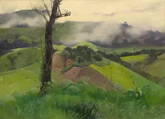 Wilhelm Kuhnert, Afrikanische Landschaft im Morgennebel (Muhanga), 1906, Öl auf Papier, aufgezogen auf Leinwand