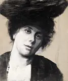 Lesser Ury, Bildnis einer Dame mit Hut“. Vor 1906, Gouache auf grauer Pappe (Grisaille)