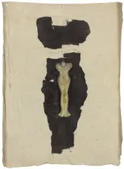 Jürgen Brodwolf, Kleines Figurentuch, 1974, Zinnfigur, Wachs, Kunststoffschnur, Leinwand und Öl auf Holz