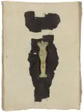 Jürgen Brodwolf, Kleines Figurentuch, 1974, Zinnfigur, Wachs, Kunststoffschnur, Leinwand und Öl auf Holz