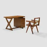 Administrative desk and library chair by Pierre Jeanneret, France/India, sold Sep 2019
