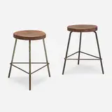 Stools from College of Architecture, Chandigarh, pair by Pierre Jeanneret, c. 1960, teak, painted steel, sold Sep 2024