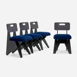 Michael Boyd, Slot-back Arrowhead chairs, set of four, c. 2013, painted plywood, velvet upholstery, leather, steel