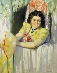 Philippe Swyncop, Spanish girl with a fan, oil on canvas