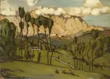 Hans Thoma, Die Berge von Carrara, Öl auf Karton, auf Pappe aufgezogen