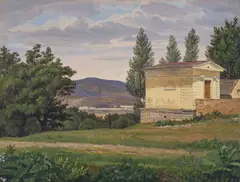 Paul Graeb, Blick in Landschaft mit kleinem Gebäude rechts, Öl auf Papier, auf Pappe aufgezogen