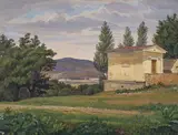 Paul Graeb, Blick in Landschaft mit kleinem Gebäude rechts, Öl auf Papier, auf Pappe aufgezogen
