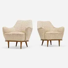 Modern, Lounge chairs, pair, c. 1960, upholstery, walnut