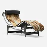 Charlotte Perriand, Chaise lounge, c. 1985, enameled steel, chrome-plated steel, pony hide, leather, rubber