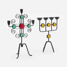 Gunnar Ander, Candelabra, set of two, c. 1960, enameled steel, glass