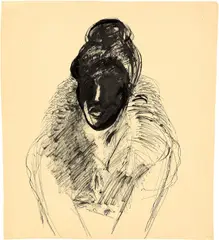 Paul Holz, Dame mit Fuchskragen, Tuschfeder auf Papier