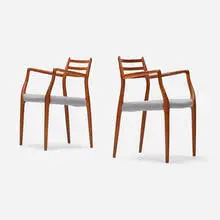 Armchairs model 62, pair by Niels O. Møller, 1962, upholstery, teak, sold Aug 2024