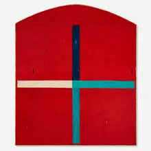 Rodney Carswell, Tri-Color Cross on Red Arch, 1986, oil and wax on canvas over wood