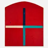 Rodney Carswell, Tri-Color Cross on Red Arch, 1986, oil and wax on canvas over wood