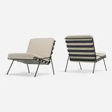 Lounge chairs, pair by Modern, c. 1950, painted wrought iron, upholstery, sold Aug 2024
