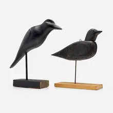 Crow decoys, set of two by Folk Art, c. 1950, carved and painted wood, steel, glass beads, sold Aug 2024