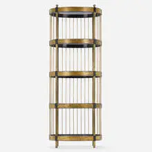 Bernhard Rohne, Étagère, c. 1975, brass, acid-etched brass, lacquered wood, glass