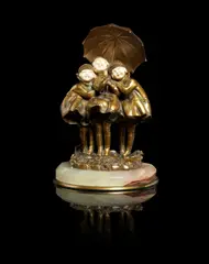 'Three Girls and an Umbrella' a Gilt Bronze and Carved Ivory Figural Group by Demetre Chiparus, SIGNED IN CAST; CIRCA 1920