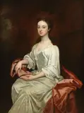 Sir Godfrey Kneller, Portrait of lady in a white dress and red cape, oil on canvas