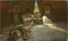 Albert von Keller, Atelier mit dem Sohn des Künstlers, 1891, Öl auf Holz