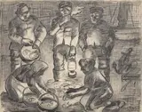 Max Pechstein, Nach dem Fischfang (Drei Fischer und zwei Frauen im Schein der Laterne), 1927, Tusche und Gouache auf Papier