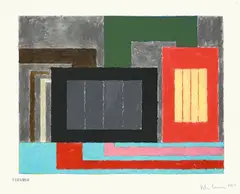 Peter Halley, Ohne Titel (11/21/95.6), 1997, Acryl (Metallic und Perlganz), Day-Glo und Gouache über Tintenstrahldruck auf Papier