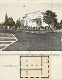 Christo, Verpackte Kunsthalle Bern, Projekt, 1972, Original-Mappe mit 1 Farbserigraphie mit Collage auf dickem Karton und 3 Serigraphien, davon einer mit Collage, jeweils auf Papier