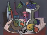 Rudolf Bredow, Südliches Stilleben II, Um 1956, Farbkreiden auf blau-grauem Papier