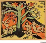 Max Pechstein, Erlegung des Festbratens, 1911, Holzschnitt auf Bütten, vom Künstler koloriert