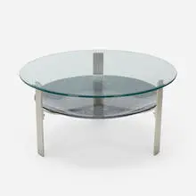Coffee table by Fontana Arte, c. 1960, nickel-plated brass, acid-etched glass, glass, sold Aug 2024
