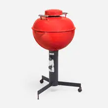 Weber-Stephen Products Co., Rare Weber Gas Kettle Grill, 1971, enameled steel, oak, plastic