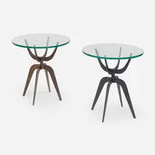 Michael Boyd, Brasilia occasional tables, set of two, 2013, patinated brass, enameled steel, glass