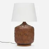 Table lamp by Modern, glazed stoneware, oak, fabric, sold Aug 2024