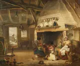 Francis Wheatley R.a., Cottage interior with figures before a fire, oil on canvas